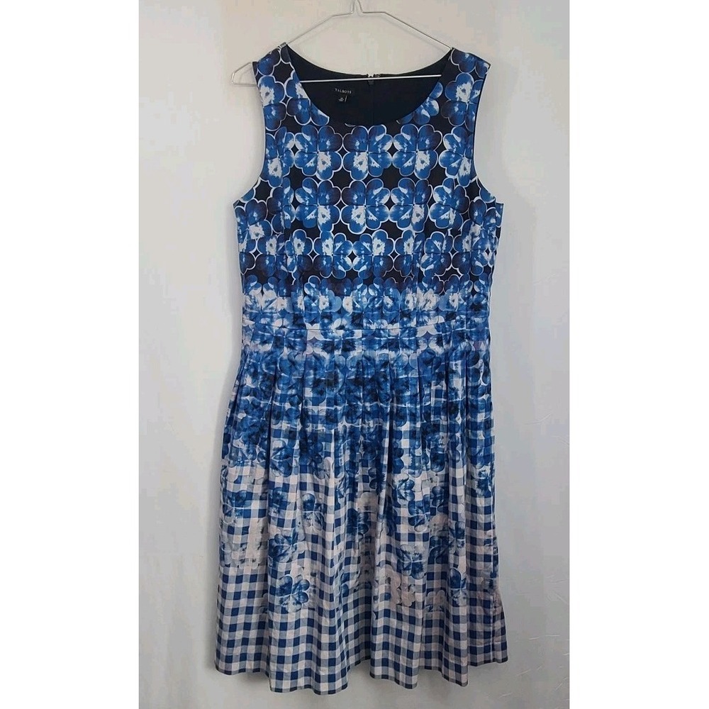 Talbots Sz. 12 Blue Floral Gingham Fit & Flare Sleeveless Dress Lined Career